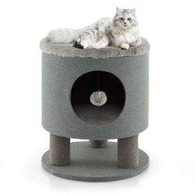 3-in-1 Cat Condo Stool Kitty Bed with Scratching Posts and Plush Ball Toy (Color: Gray)