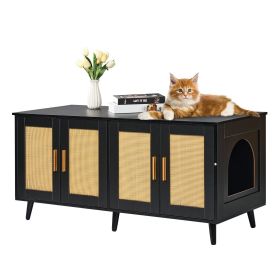 VEVOR Cat Litter Box Enclosure Wooden Litter Box Furniture Hidden 2 Rooms (Color: Black)