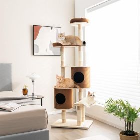 6-Tier Wooden Cat Tree with 2 Removeable Condos Platforms and Perch (Color: Brown)