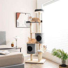 6-Tier Wooden Cat Tree with 2 Removeable Condos Platforms and Perch (Color: Gray)
