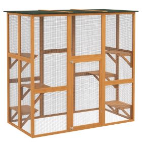 Outdoor Cat House Big Catio Wooden Feral Cat Shelter Enclosure with Large Spacious Interior, 6 High Ledges, Weather Protection Asphalt Roof, 71" L (Color: Brown)
