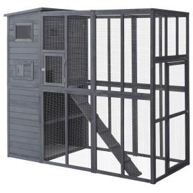 Wooden Outdoor Catio with Platforms, Asphalt Roof, Ramps (Color: Gray)
