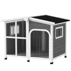 Cabin-Style Wooden Dog House for Large Dogs with Openable Roof & Giant Window (Color: Dark Gray)