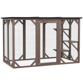 Outdoor Cat House, Catio Wooden Feral Cat Shelter, Cat Cage with Platforms, Large Enter Door, Weather Protection Asphalt Roof, 71" L (Color: Brown)
