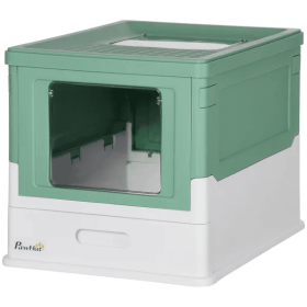 Fully Enclosed Cat Litter Box with Front Entry, Top Exit (Color: Green & White)